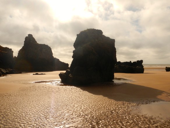 The sea stacks on the beach are from basaltic lava flows which overlie red sandstone and conglomerates from ancient sea beds,