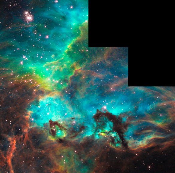 Star Cluster NGC 2074 in the Large Magellanic Cloud is a firestorm of raw stellar creation, perhaps triggered by a nearby supernova explosion. The high-energy radiation blazing out from clusters of hot young stars already born in NGC 2074 is sculpting the wall of the nebula by slowly eroding it away.