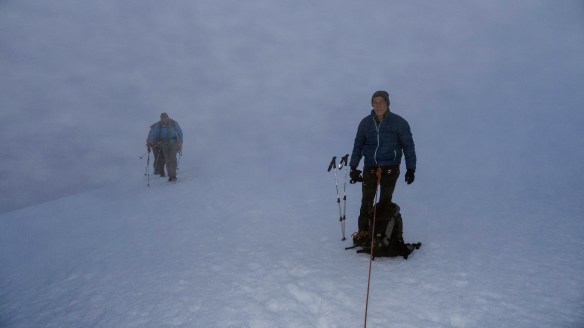 Ascending the glacier in the clouds