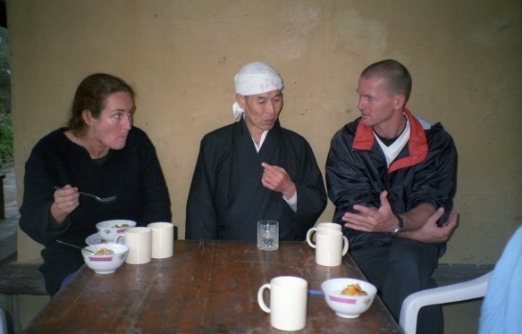 Hogen-san and two students during a meal break, Wat Buddha Dhamma, 1998.