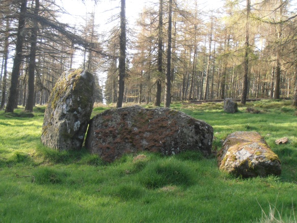 The recumbent stone and flankers (one fallen) of Nine Stanes Stone Circle