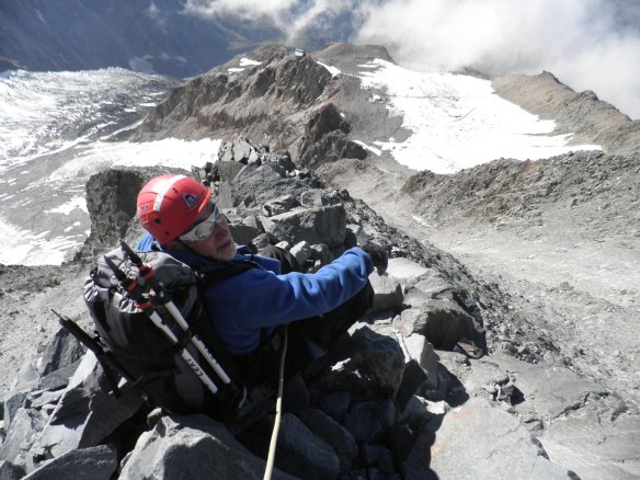 Looking down the ridge to the Tete Rousse Glacier about 600 m below.