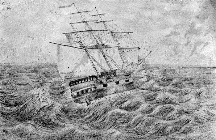 The Lady Nugent on the high seas. Pencil drawing by George Richard Hilliard, 1840 (4).